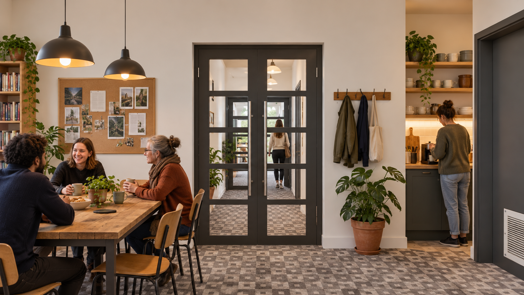 Illustration d'un espace convivial : grande table en bois, coin cuisine, personnes discutant autour d'un café.
