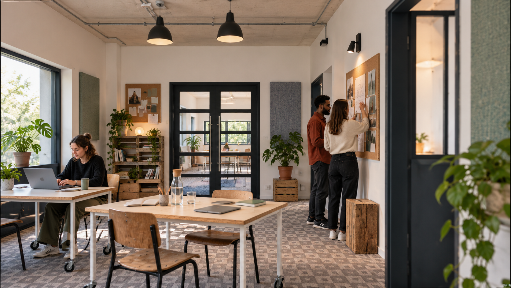 Illustration d'un espace de travail et de formation : tables mobiles, ordinateurs portables, panneau d'affichage et plantes.