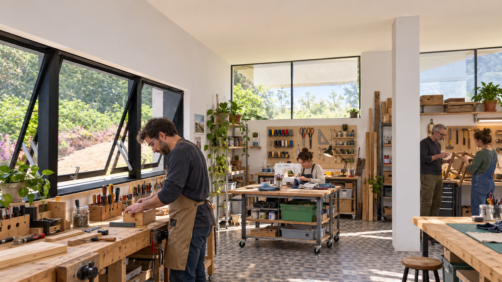Illustration d'un atelier partagé : établis en bois, outils accrochés au mur, personnes en train de bricoler et de coudre.